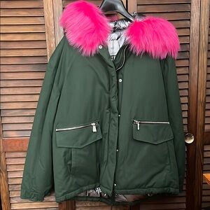 Women's Green Jacket with Pink Fur Trim